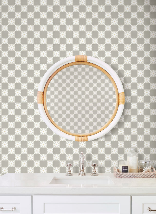 Stardust Warm Grey Checkerboard Peel & Stick Wallpaper with Hand-Painted Star Motif - York PSW1589RL
