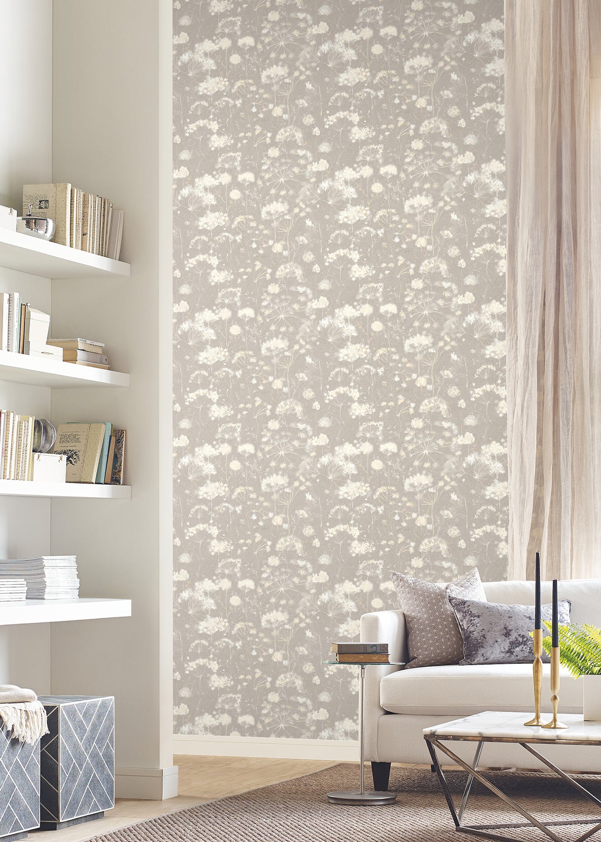 Botanical Fantasy Soft Taupe Peel and Stick Non Woven Wallpaper 27-in by 20-ft Farmhouse Wildflower by Candice Olson Simply Candice - PSW1605RL