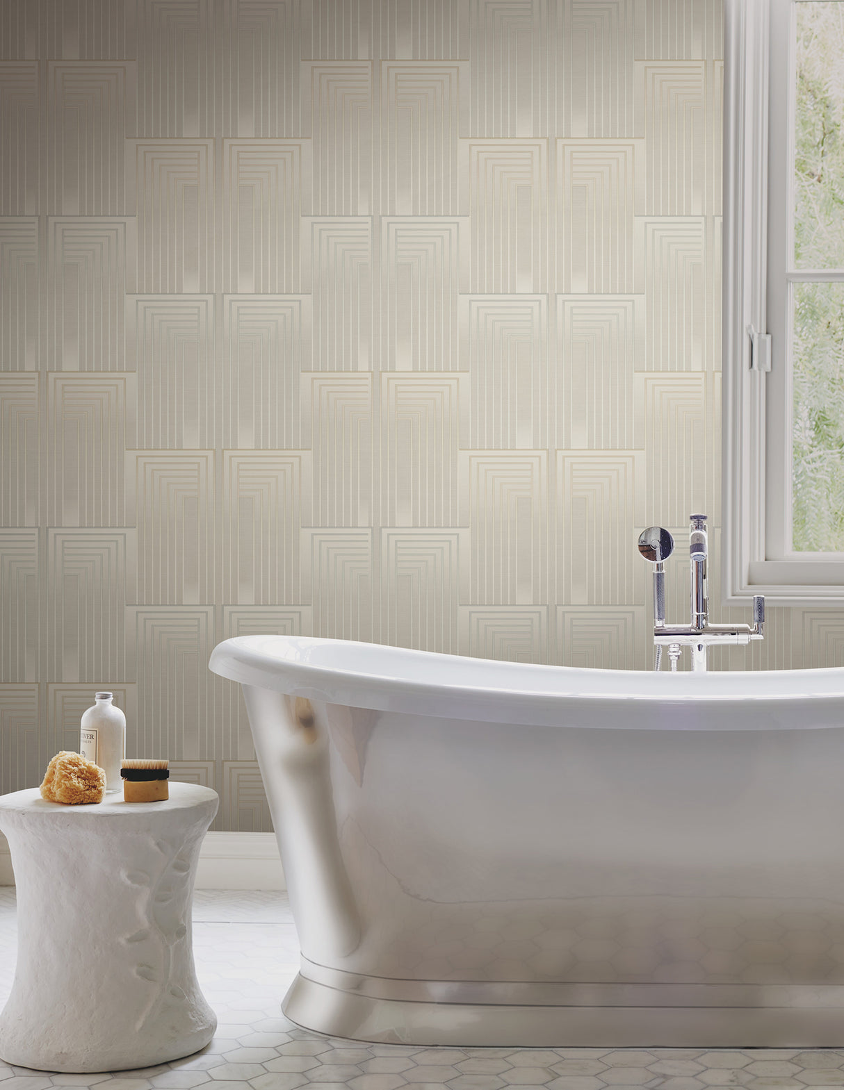 Vanishing Taupe & Pearl by Candice Olson Glam Art Deco Geometric Pearl Effect Non Woven Peel & Stick Wallpaper 27in x 20ft - PSW1606RL