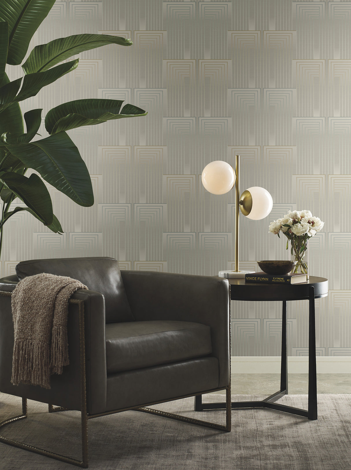 Vanishing Taupe & Pearl by Candice Olson Glam Art Deco Geometric Pearl Effect Non Woven Peel & Stick Wallpaper 27in x 20ft - PSW1606RL