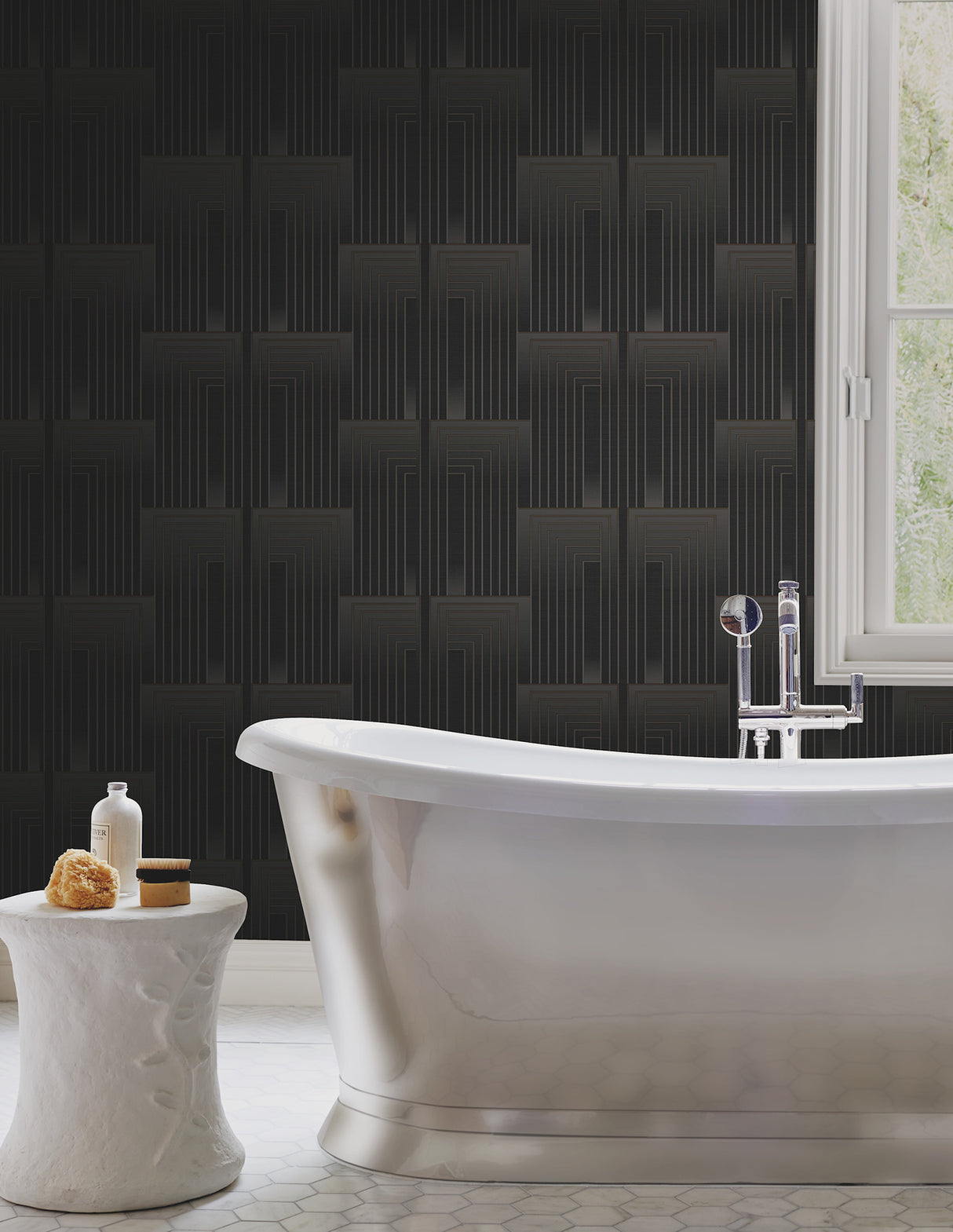 Vanishing Black & Copper by Candice Olson Glam Art Deco Geometric Pearl Finish Non Woven Peel & Stick Wallpaper Roll 27 in x 20 ft - PSW1607RL