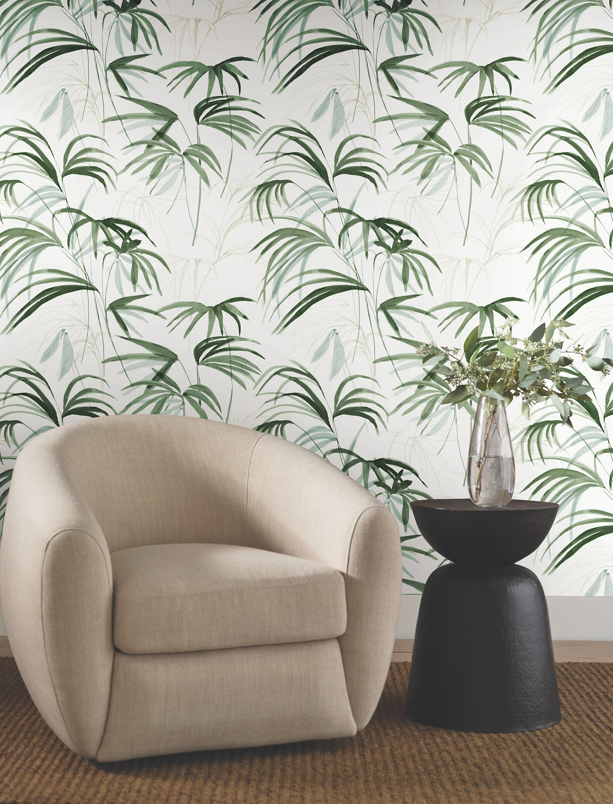 Inky Palms Green by Candice Olson Calligraphy-Inspired Tropical Botanical Palm Leaf Non Woven Peel and Stick Wallpaper Roll - PSW1609RL