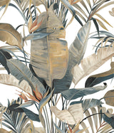 Tropical Cabana Plush Neutral Peel and Stick Wallpaper featuring painterly banana leaf palms, bird of paradise blooms, and tropical fronds in beige, steel grey, and blue tones by Candice Olson PSW1612RL