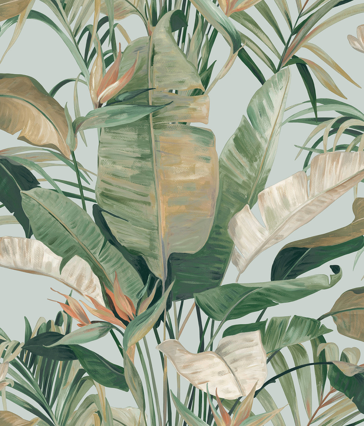 Tropical Cabana Spa Peel and Stick Wallpaper by Candice Olson featuring painterly banana leaf palms and bird of paradise blooms in shades of green, cream, and salmon on a soft aqua background - PSW1613RL