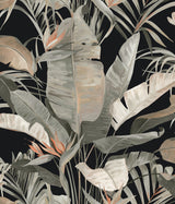 Tropical Cabana Black Peel and Stick Wallpaper by Candice Olson PSW1614RL - Painterly banana leaf palms and tropical botanicals on a dramatic black background