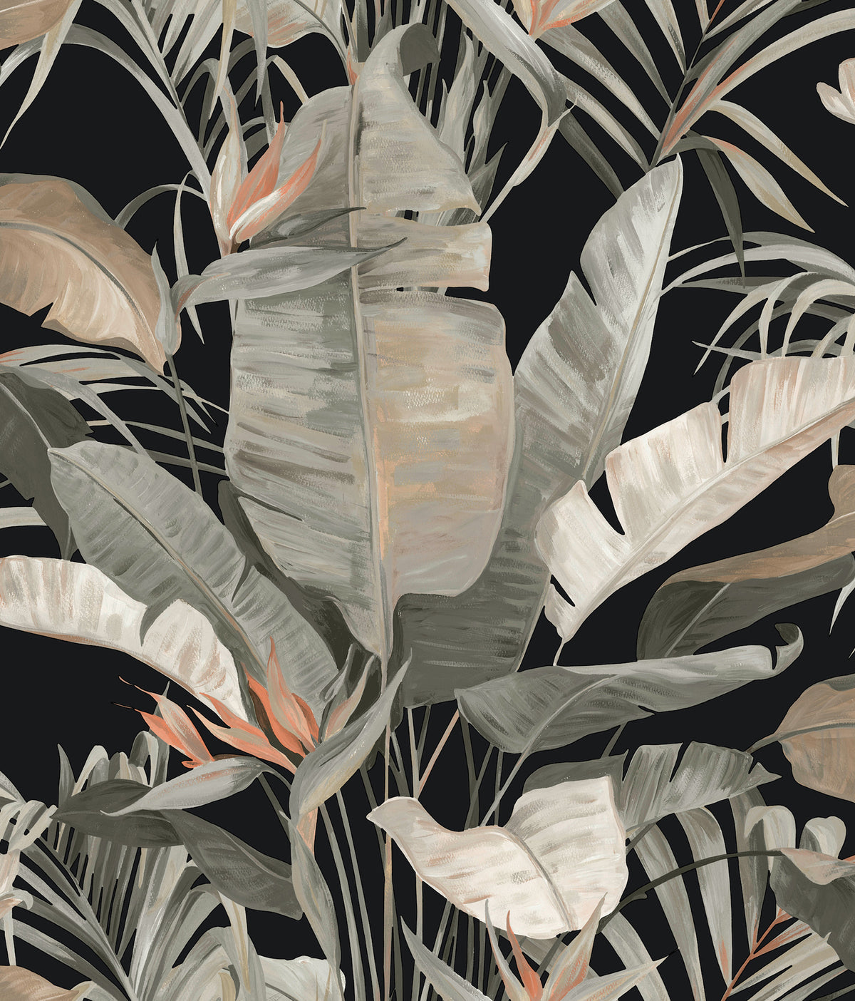 Tropical Cabana Black Peel and Stick Wallpaper by Candice Olson PSW1614RL - Painterly banana leaf palms and tropical botanicals on a dramatic black background