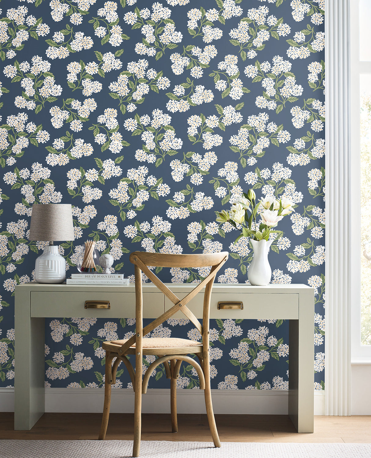 Hydrangea Navy & White by Rifle Paper Co. Peel & Stick Wallpaper- York Wallcoverings PSW1619RL