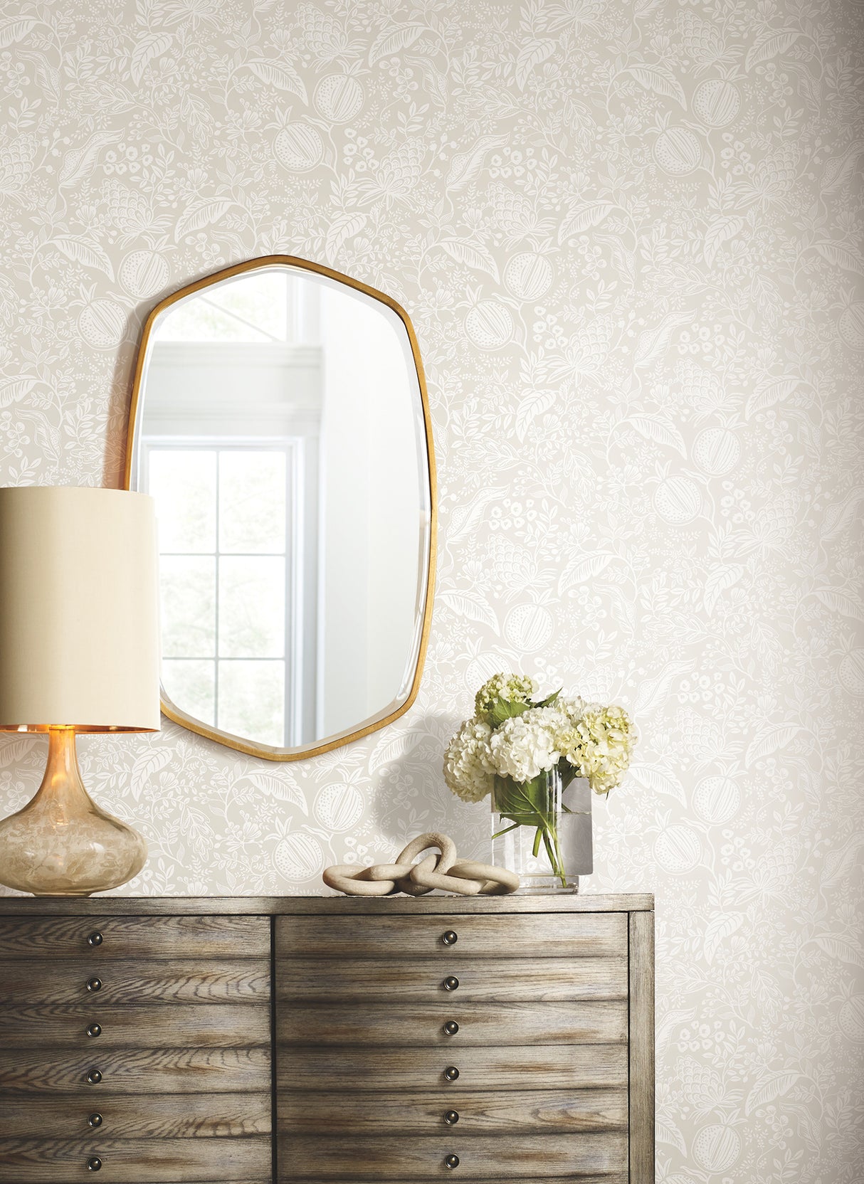 Rifle Paper Co. Pomegranate Beige & White Botanical Farmhouse Peel & Stick Non Woven Premium Wallpaper, 27-in Wide by 20-ft Long - PSW1629RL