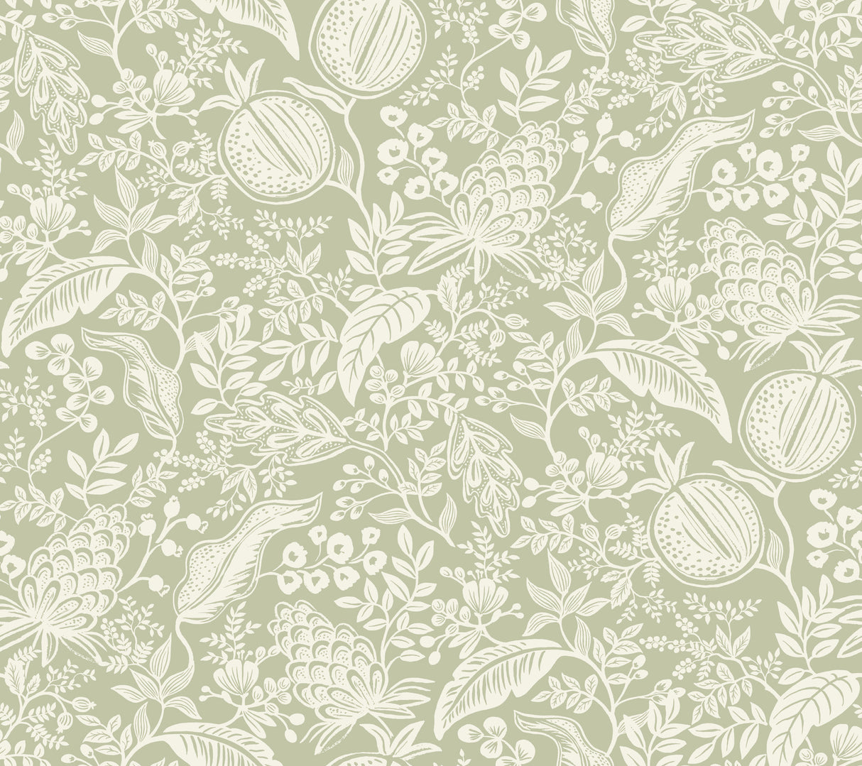 Rifle Paper Co. Pomegranate Pistachio peel & stick wallpaper, white botanical fruit pattern on green, 27 in x 20 ft roll