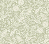 Rifle Paper Co. Pomegranate Pistachio peel & stick wallpaper, white botanical fruit pattern on green, 27 in x 20 ft roll