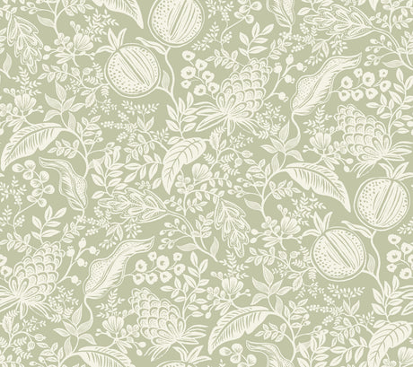 Rifle Paper Co. Pomegranate Pistachio peel & stick wallpaper, white botanical fruit pattern on green, 27 in x 20 ft roll