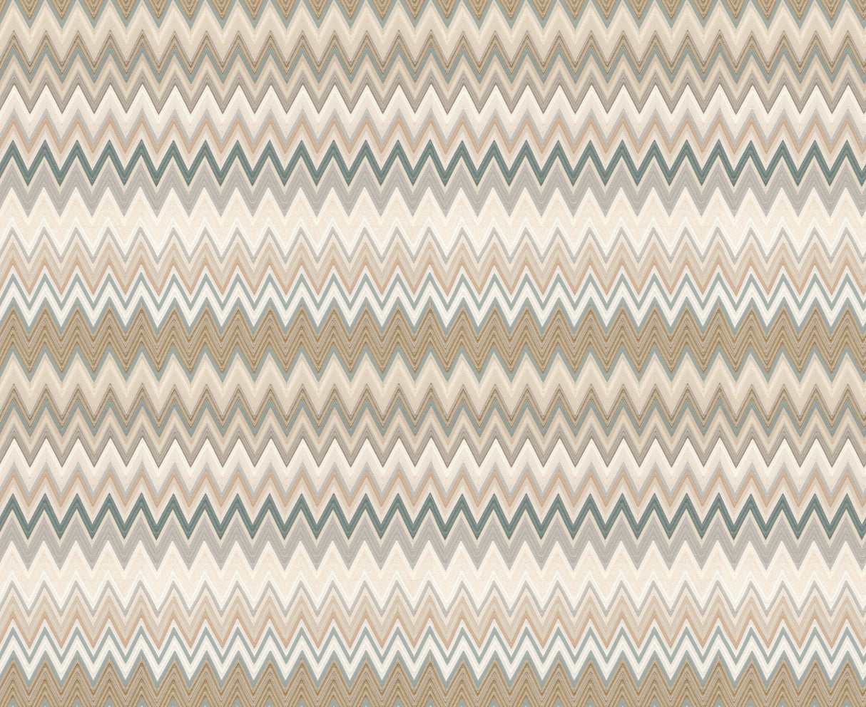 Zig Zag Green Peel and Stick Wallpaper by York Wallcoverings PSW1642RL - Chevron pattern in beige, teal, and green tones from the Missoni PSWP Collection