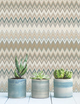 Zig Zag Green Beige and Teal by York Wallcoverings Missoni PSWP Chevron Transitional Peel and Stick Non Woven Wallpaper Roll - PSW1642RL
