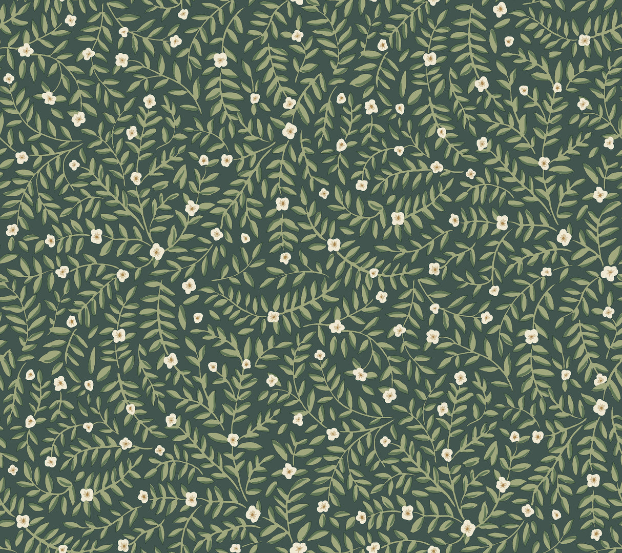 Elodie Evergreen petite floral peel and stick wallpaper by Rifle Paper Co., dark green with small blooms and vines