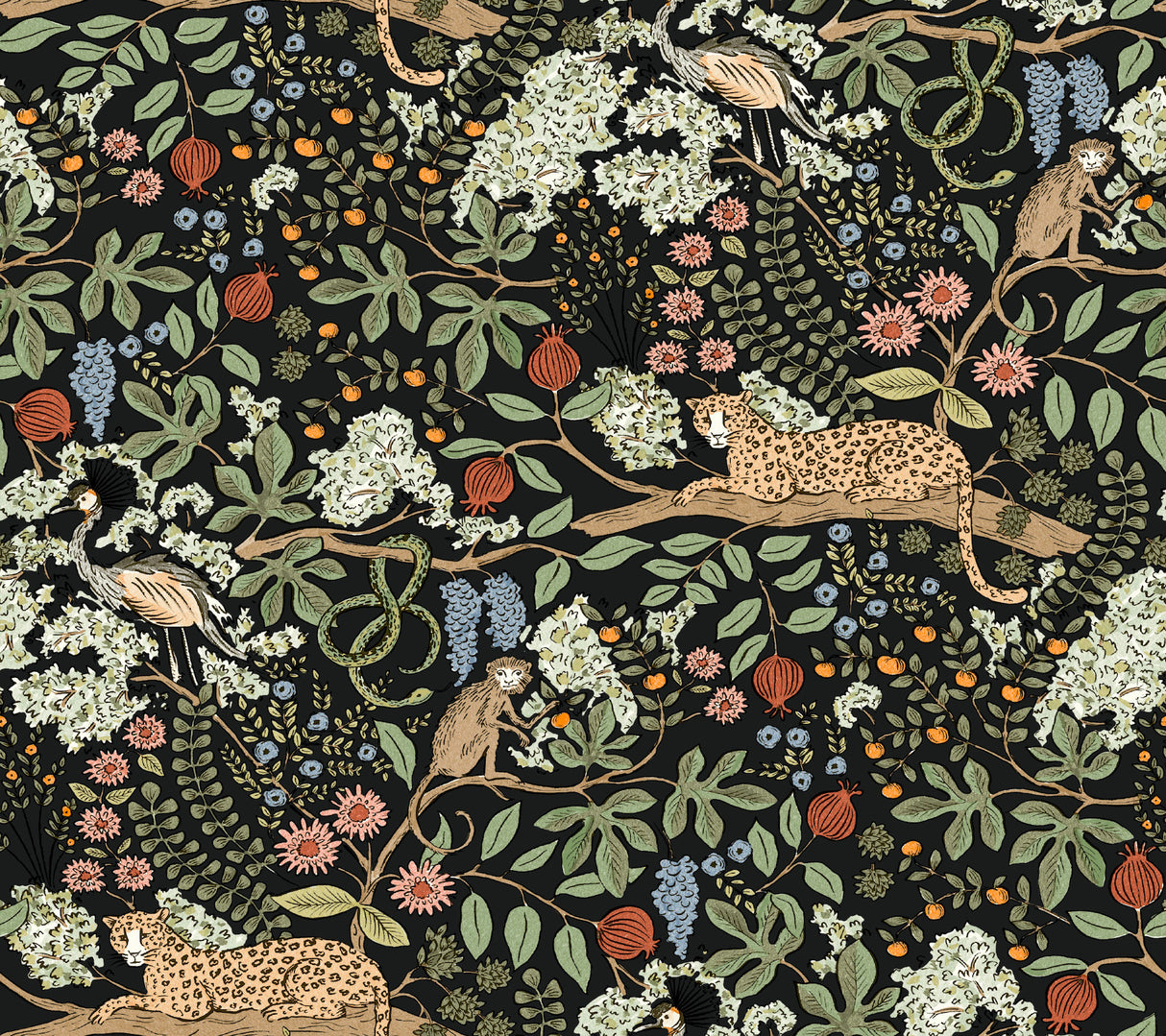 Rifle Paper Co. Safari Black Jungle Toile peel and stick wallpaper with animals and foliage on a black background, roll 27 in x 20 ft.