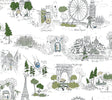 Rifle Paper Co. Travel Sketches Blue Globetrotter Premium Peel & Stick Wallpaper roll and pattern