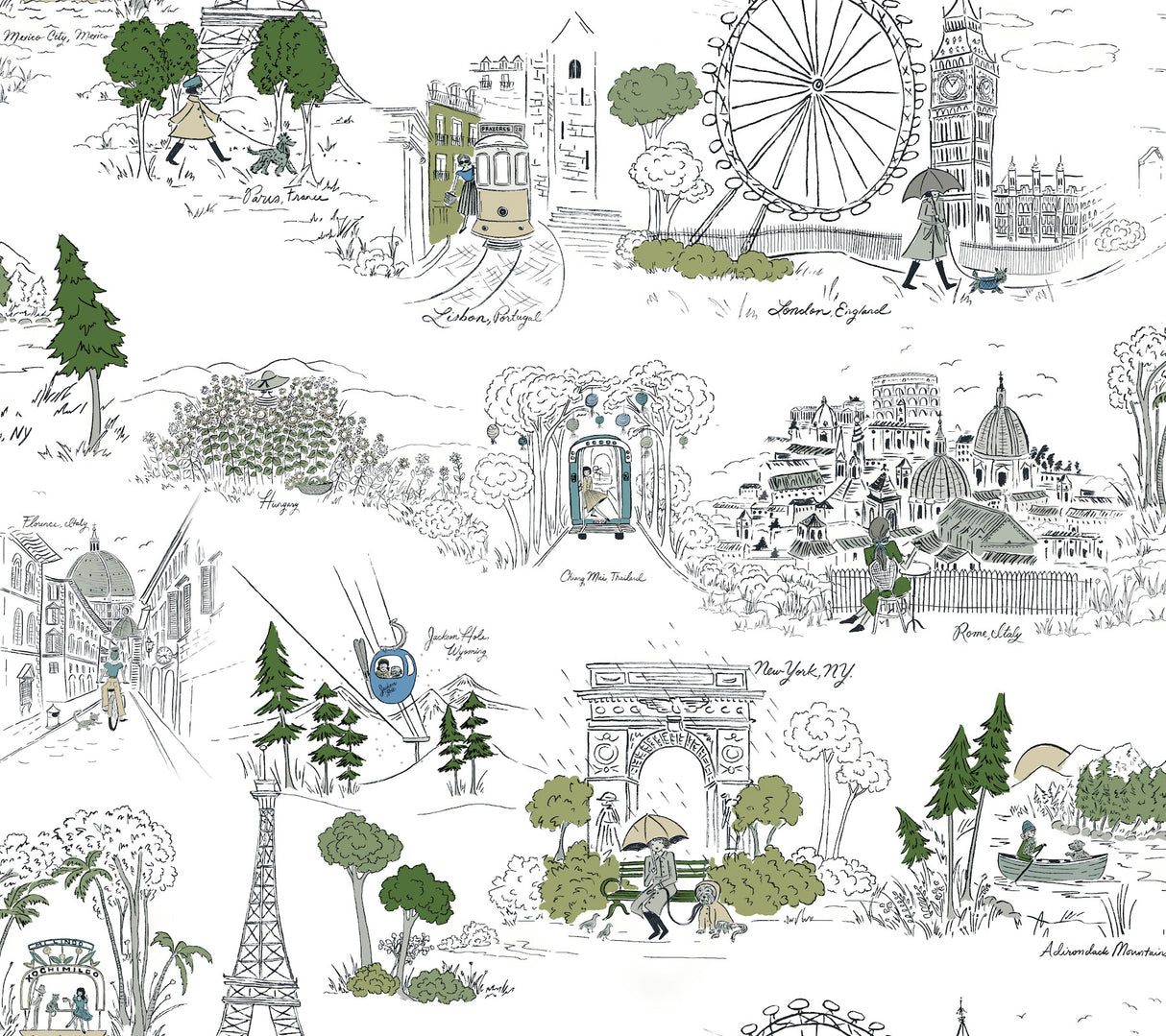Rifle Paper Co. Travel Sketches Blue Globetrotter Premium Peel & Stick Wallpaper roll and pattern