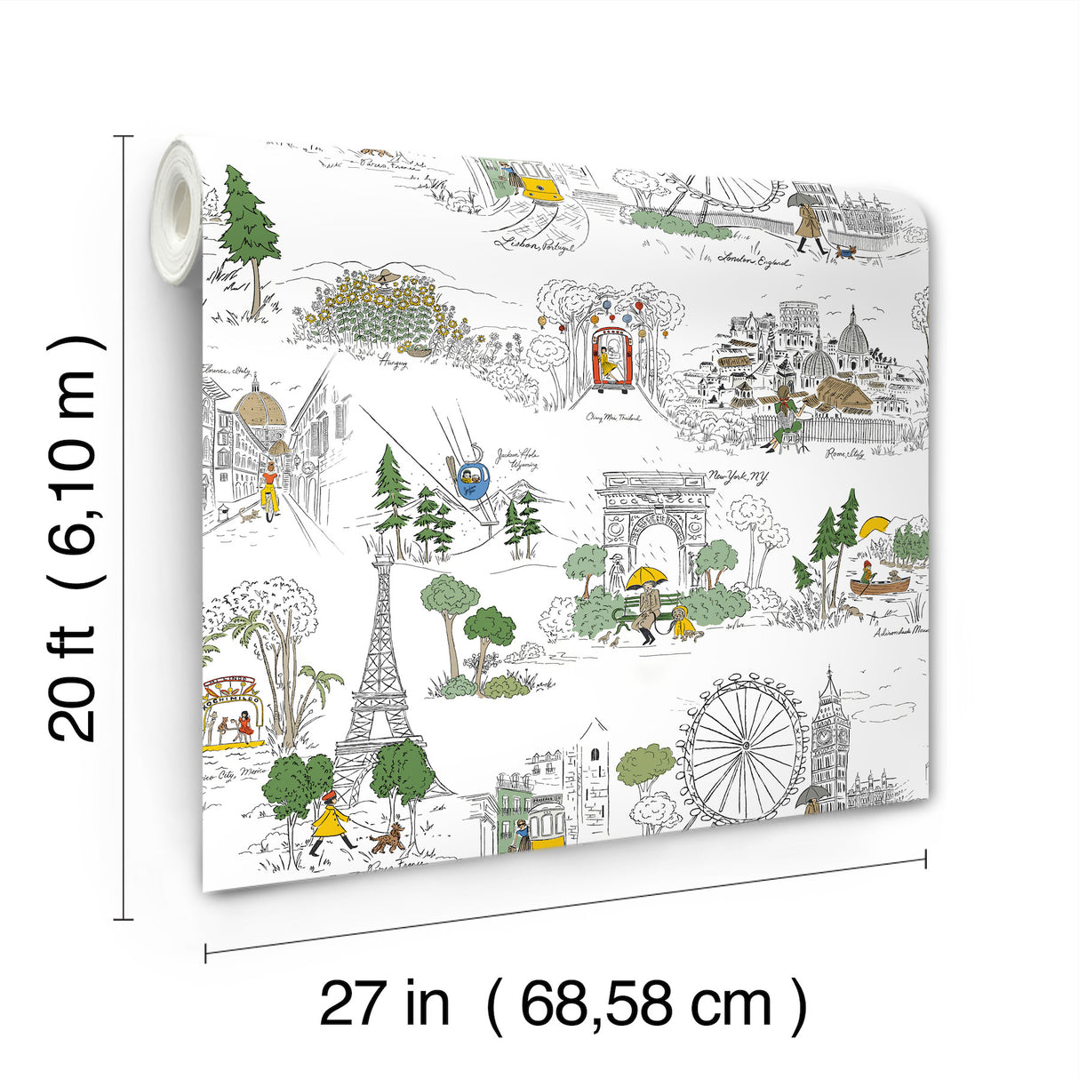 Travel Sketches Yellow by Rifle Paper Co. Globetrotter Premium Peel & Stick Wallpaper – York Wallcoverings PSW1683RL
