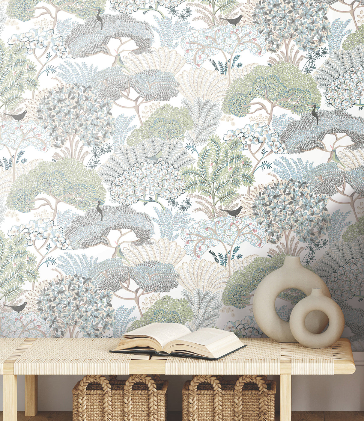 Everbloom Forest Aqua Botanical Tropical Peel and Stick Non Woven Wallpaper, 27 In x 20 Ft, Covers About 45 Sq Ft by York Wallcoverings - PSW1696RL