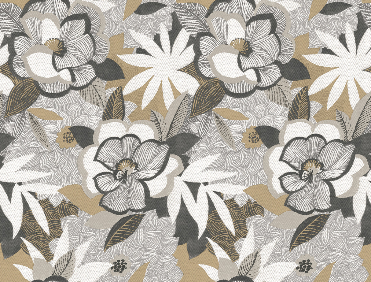 Fantasium Black Floral Peel and Stick Wallpaper by York Wallcoverings PSW1698RL - Bohemian Botanical Floral Pattern in Brown, Grey, and Black