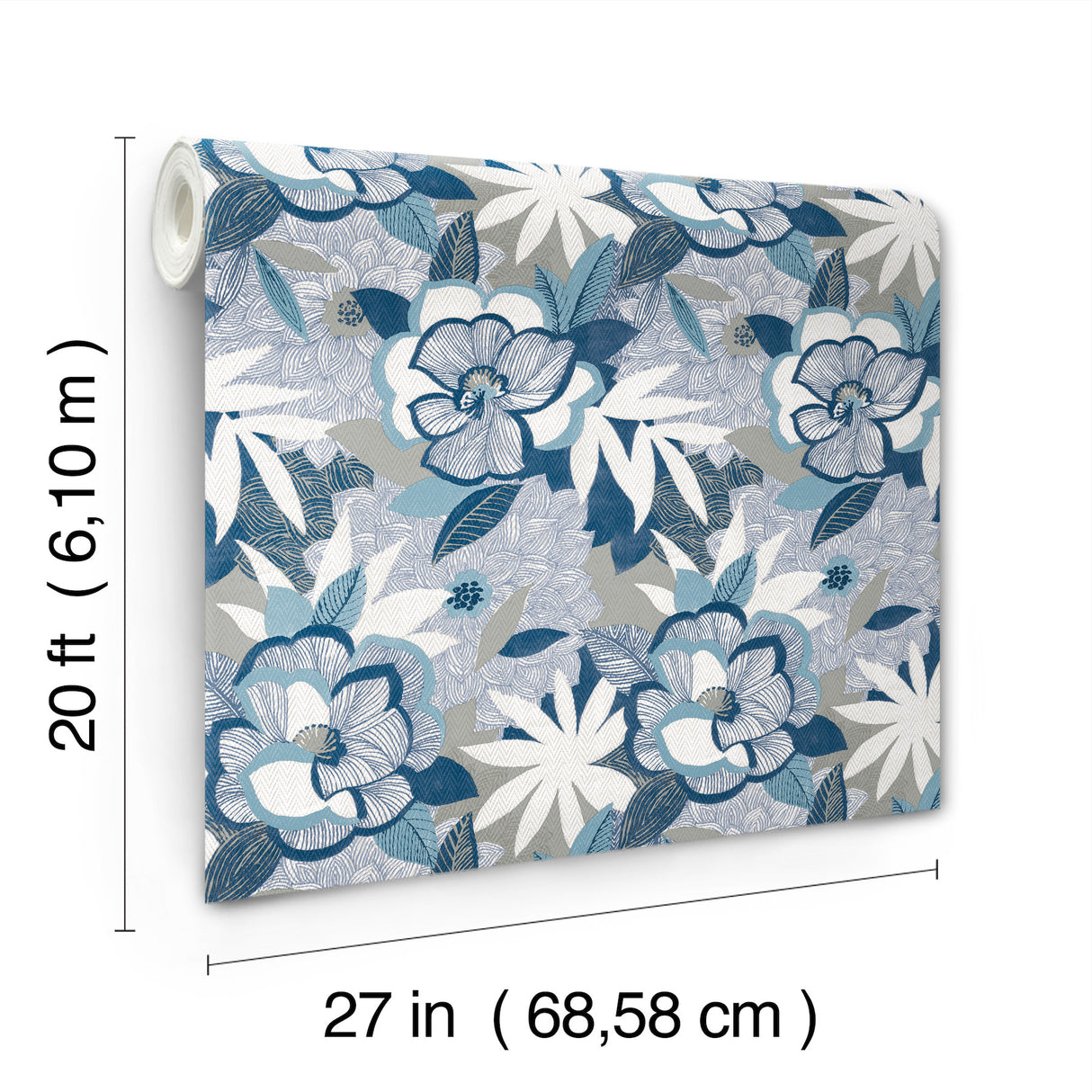Fantasium Blue Floral Peel and Stick Non Woven Wallpaper Roll 27 in x 20 ft Covers About 45 Sq Ft by York Wallcoverings - PSW1699RL