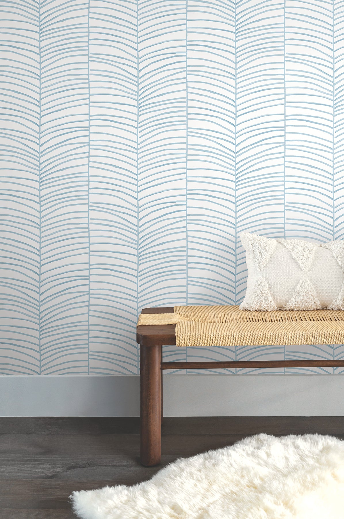 Cascade Palm Blue Chic Tropics Coastal Chevron Peel and Stick Non Woven Wallpaper 27 in x 20 ft Roll by York Wallcoverings - PSW1703RL