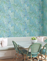 Crown Canopy Blue Palm Peel and Stick Non Woven Wallpaper by York Wallcoverings Garden Muse Tropical Botanical Design - PSW1704RL