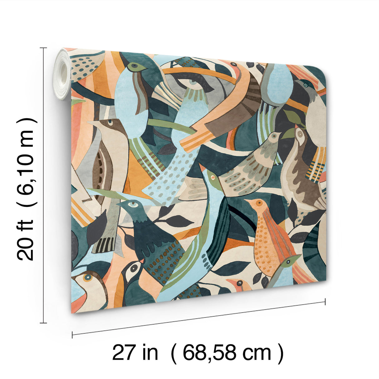 Fauvist Flock Coral by York Wallcoverings Abstract Bohemian Birds and Greenery Peel and Stick Non Woven Fully Removable Wallpaper - PSW1707RL