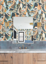 Fauvist Flock Coral by York Wallcoverings Abstract Bohemian Birds and Greenery Peel and Stick Non Woven Fully Removable Wallpaper - PSW1707RL