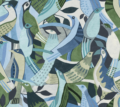 Fauvist Flock Green Abstract Peel and Stick Wallpaper - PSW1708RL pattern swatch featuring impressionistic abstracted birds and greenery in shades of green, blue, grey, and white