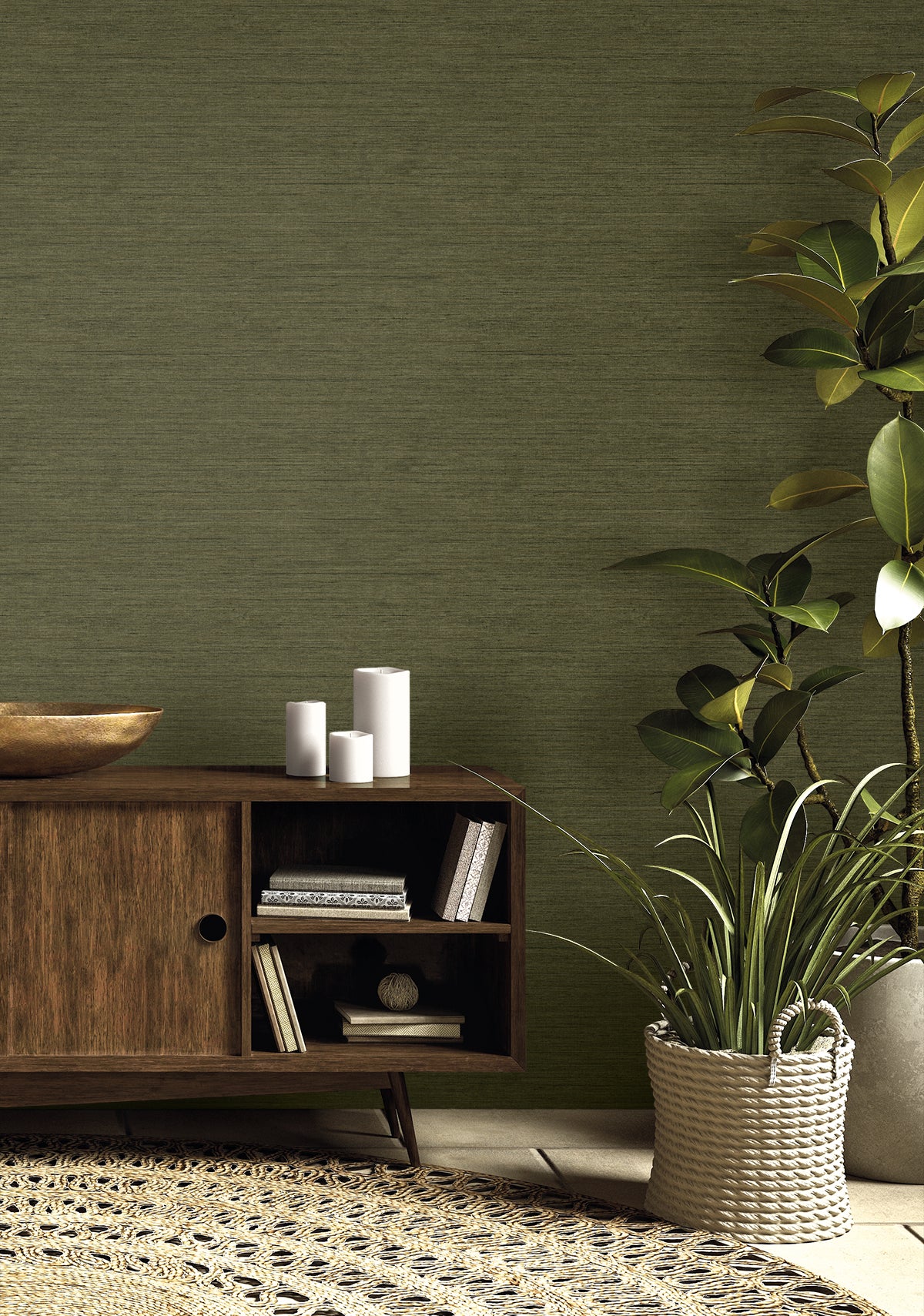 Threaded Moss by Raffia Faux Linen Texture Wallpaper – Seabrook Designs RA40913