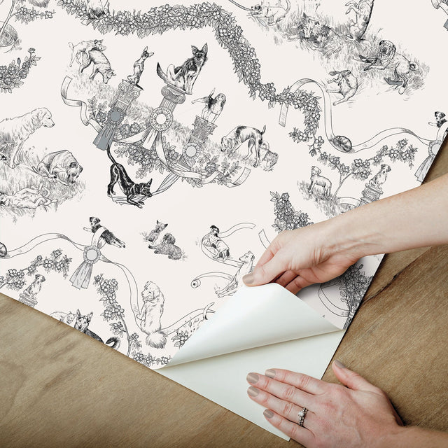 Worst in Show Black Peel & Stick Wallpaper with Dog Toile Pattern, Modern Style - RAS6260