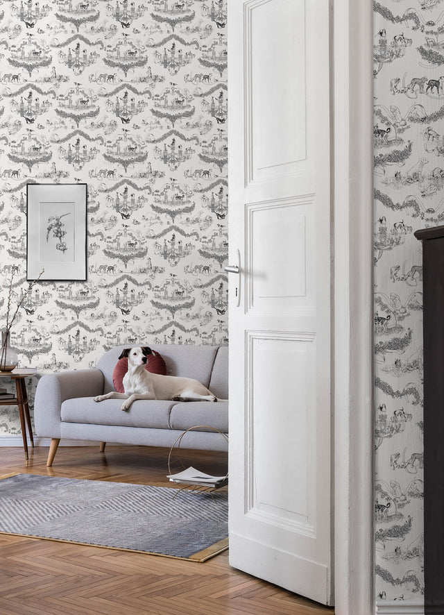 Worst in Show Black Peel & Stick Wallpaper with Dog Toile Pattern, Modern Style - RAS6260