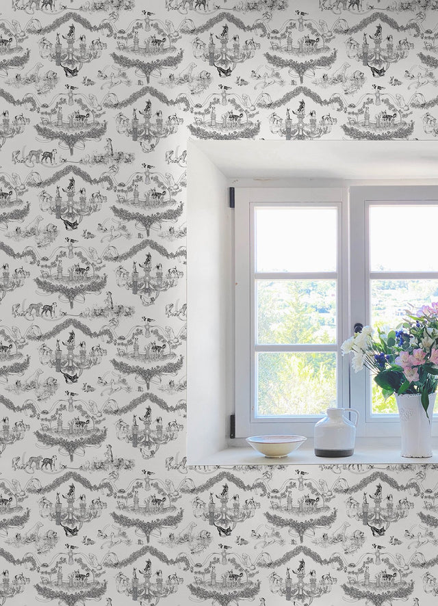 Worst in Show Black Peel & Stick Wallpaper with Dog Toile Pattern, Modern Style - RAS6260
