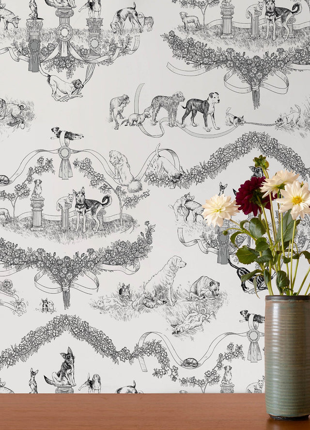 Worst in Show Black Peel & Stick Wallpaper with Dog Toile Pattern, Modern Style - RAS6260