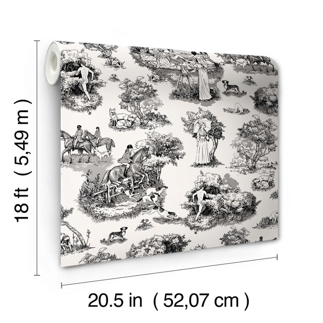 The Chase Black Peel & Stick Toile Wallpaper with Modern Graphic Motif - Brewster RAS6263