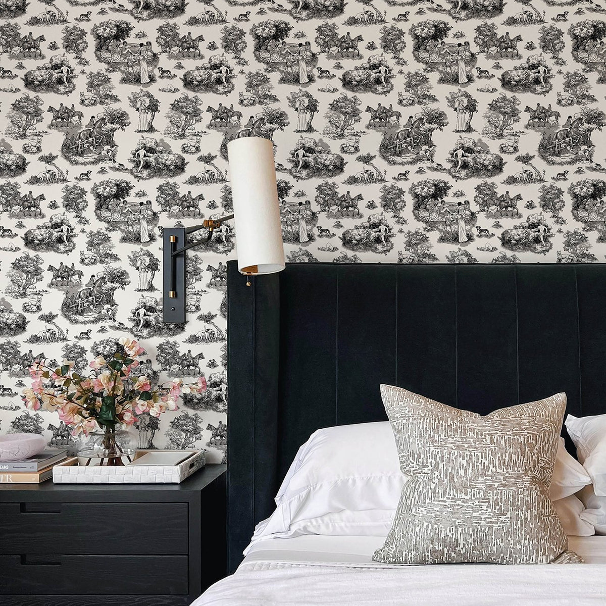 The Chase Black Peel & Stick Toile Wallpaper with Modern Graphic Motif ...