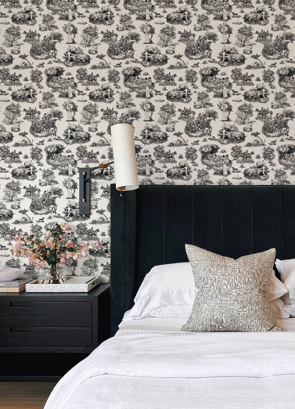 The Chase Black Peel & Stick Toile Wallpaper with Modern Graphic Motif - Brewster RAS6263