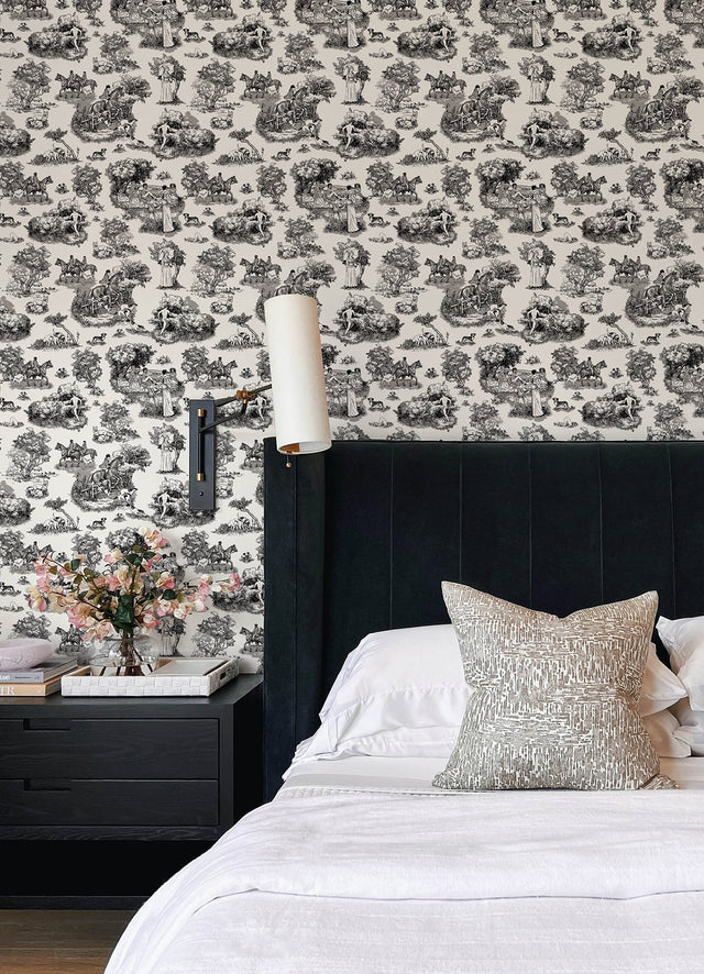 The Chase Black Peel & Stick Toile Wallpaper with Modern Graphic Motif - Brewster RAS6263