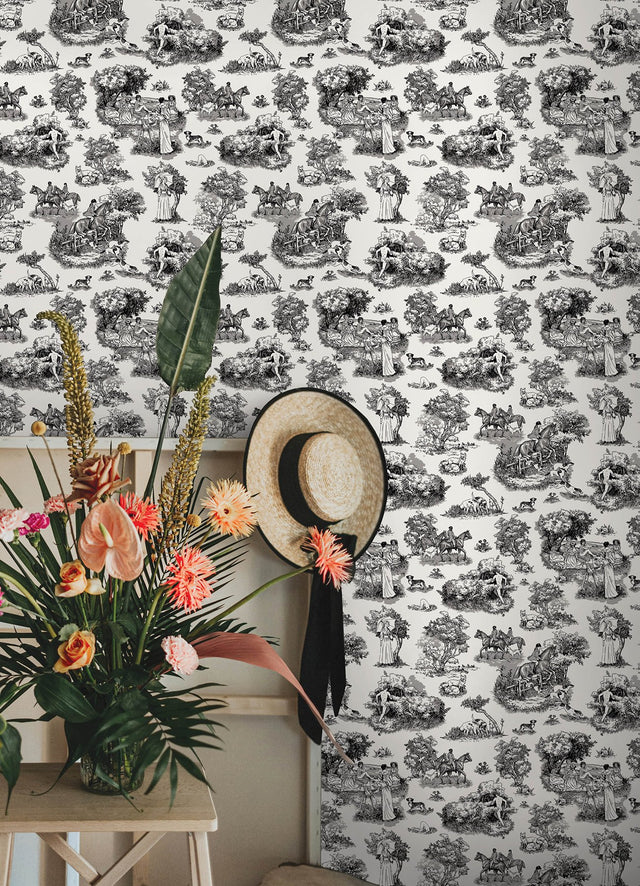 The Chase Black Peel & Stick Toile Wallpaper with Modern Graphic Motif - Brewster RAS6263