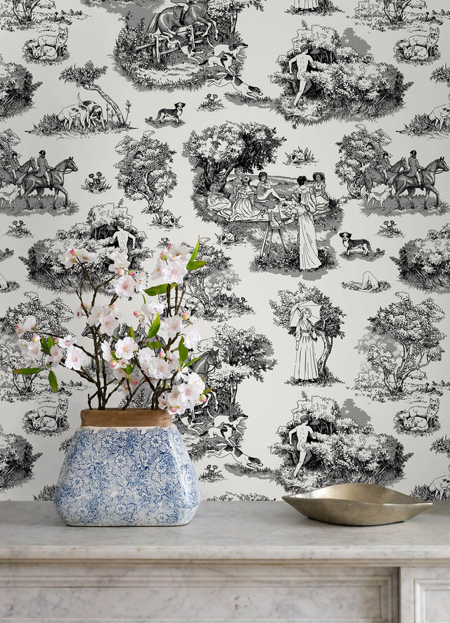 The Chase Black Peel & Stick Toile Wallpaper with Modern Graphic Motif - Brewster RAS6263