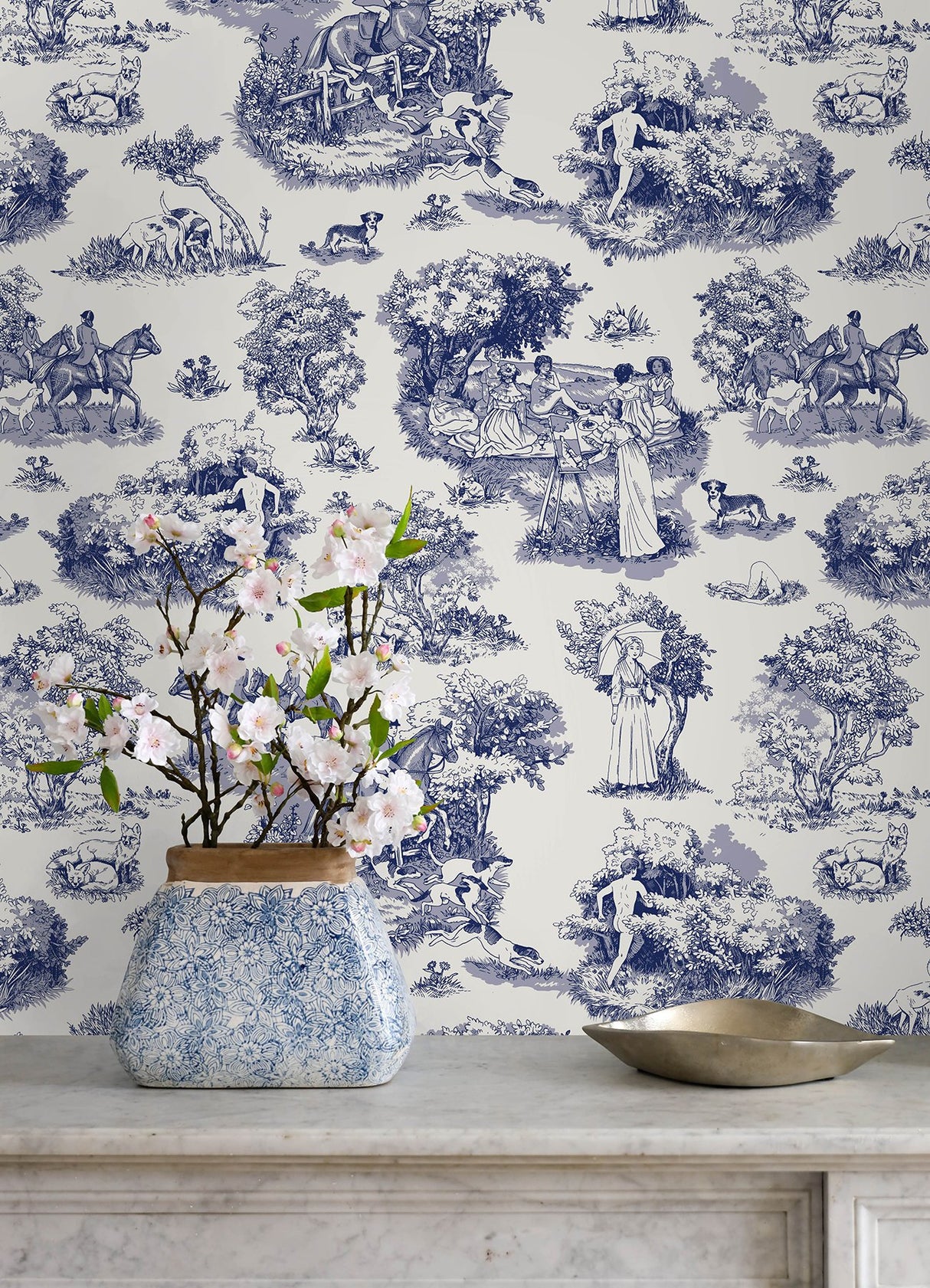 The Chase Blue Toile Peel & Stick Wallpaper - Rachel Antonoff x WallPops RAS6264