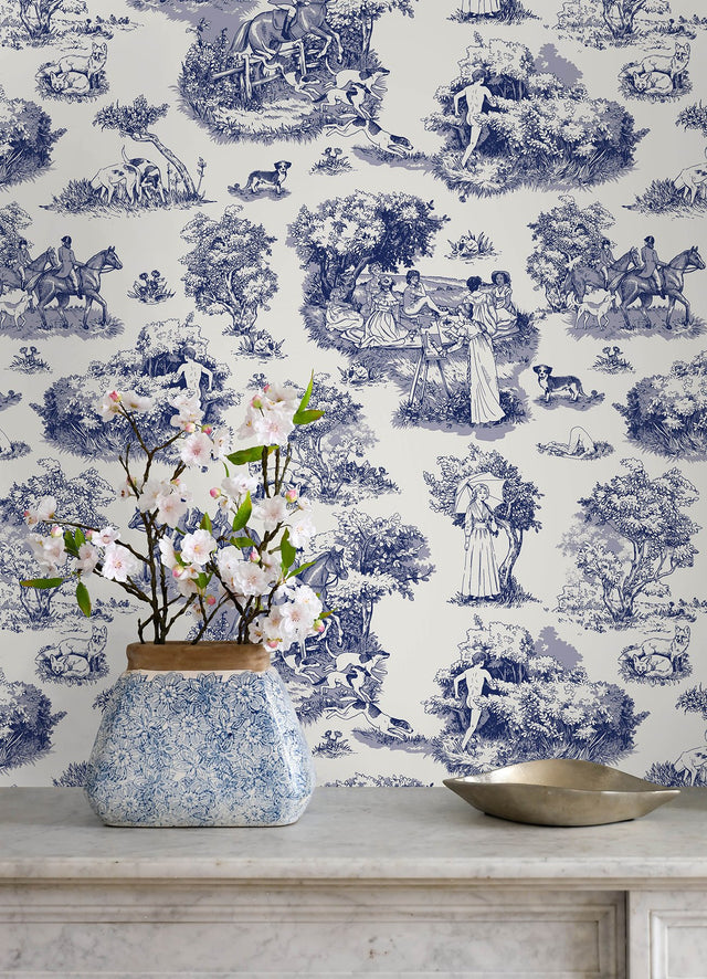 The Chase Blue Toile Peel & Stick Wallpaper - Rachel Antonoff x WallPops RAS6264