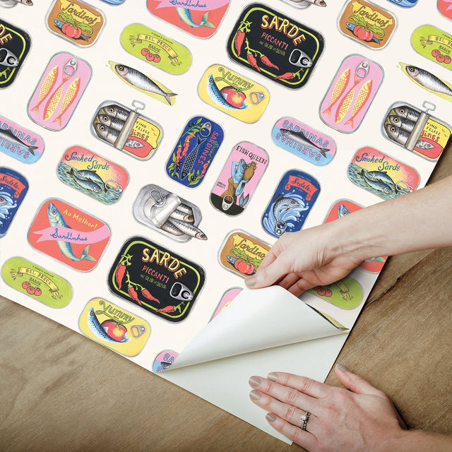 Sardine Tins Cream Peel & Stick Wallpaper with Modern Graphic Fish Pattern - WallPops RAS6267