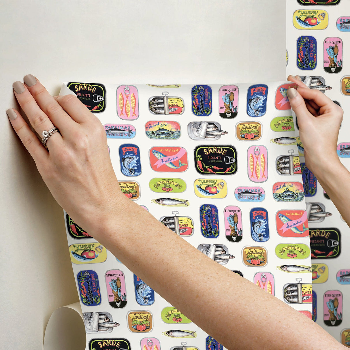 Sardine Tins Cream Peel & Stick Wallpaper with Modern Graphic Fish Pattern - WallPops RAS6267