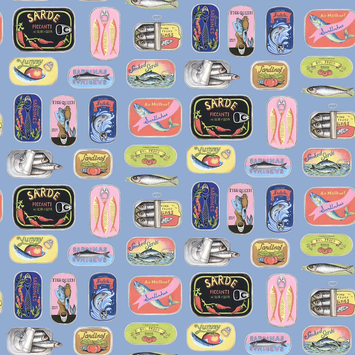 Blue Sardine Tins Peel & Stick Wallpaper with Modern Fish Graphics Pattern - Brewster RAS6268