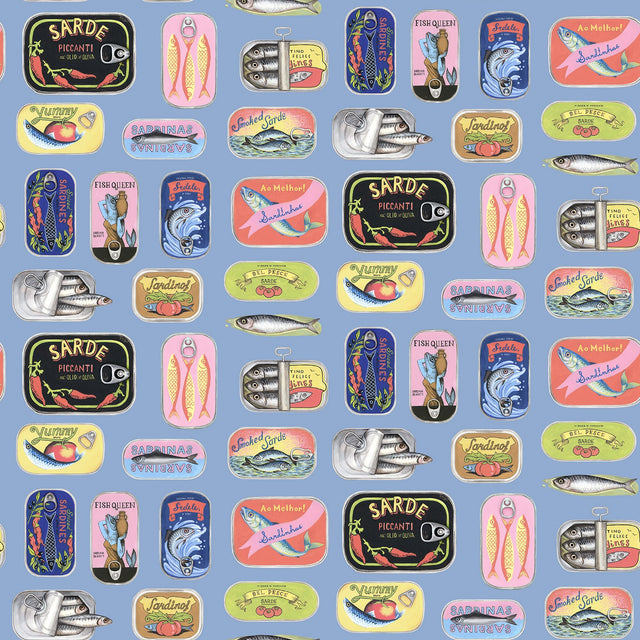 Blue Sardine Tins Peel & Stick Wallpaper with Modern Fish Graphics Pattern - Brewster RAS6268