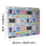 Blue Sardine Tins Peel & Stick Wallpaper with Modern Fish Graphics Pattern - Brewster RAS6268