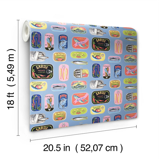Blue Sardine Tins Peel & Stick Wallpaper with Modern Fish Graphics Pattern - Brewster RAS6268