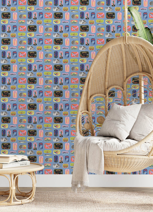 Blue Sardine Tins Peel & Stick Wallpaper with Modern Fish Graphics Pattern - Brewster RAS6268